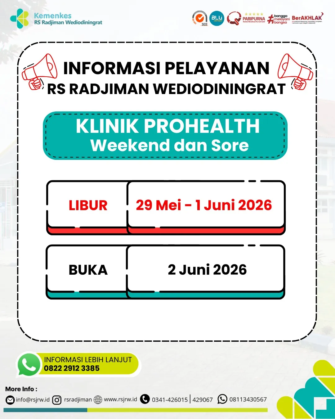 Informasi Pelayanan Klinik Prohealth Weekend Dan Sore Di Rs Radjiman Wediodiningrat