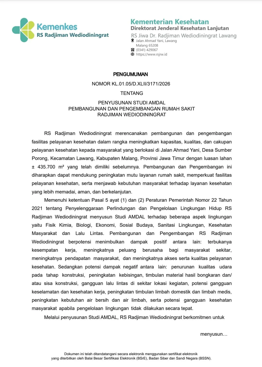 Pengumuman Penyusunan Studi Amdal Pembangunan Dan Pengembangan Rs Radjiman Wediodiningrat